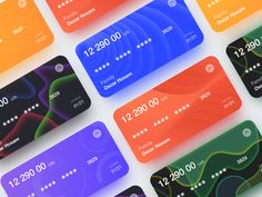 six credit cards with different colors and numbers on them, all showing the same amount