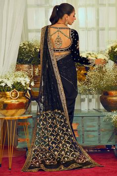 Embroidered Black Velvet Saree Pakistani Wedding Dresses – Nameera by Farooq Traditional Embellished Pre-draped Saree For Festive Season, Gold Embellished Anarkali Pre-draped Saree, Gold Anarkali-style Pre-draped Saree Embellished, Gold Embellished Pre-draped Saree, Traditional Embellished Choli, Traditional Brocade Pre-draped Saree For Reception, Traditional Embellished Blouse Piece With Drape, Brocade Pre-draped Saree For Reception And Festivals, Traditional Embellished Choli With Traditional Drape