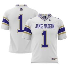 Get ready for gameday with this James Madison Dukes Football Jersey from GameDay Greats. It is made of pure polyester with sublimated graphics and features a unique James Madison Dukes design that is perfect for game day. This will quickly become your go-to jersey to wear during the game. Varsity Jersey With Sublimation Team Logo, White Jersey With Letter Print For Fan Gear, Varsity Style Jersey Sublimation Fan Gear, Varsity Jersey Sublimation Design For Fan Gear, Collegiate Game Day Jersey With Team Logo, White Varsity Jersey For Game Day, White Team Name Jersey For Fans, Collegiate Jersey For Game Day, White Fan Apparel Jersey For College