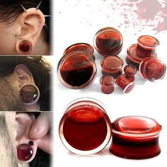 there are many different pictures of ear piercings in the picture, and one is red