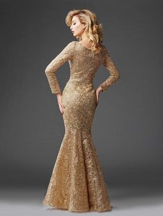 Clarisse - M6426 Glamorous Gilded Lace Evening Gown in Gold Gown Couture, Classy Gowns, Evening Gowns With Sleeves, Long Sleeve Evening Gowns, Mermaid Evening Gown, Lace Evening Gowns, Couture Candy, Prom Dresses Long With Sleeves, Gold Lace