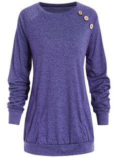 Front Pockets Button Embellished T-shirt - Purple - 3X92646027 - Women's Clothing, Women's Tops & T-Shirts, Women's T-Shirts  #WomensTShirts #Women's #Clothing # #Women's #Tops #& #TShirts # #Women's #TShirts Raglan Sleeve Pattern, Lace Up T Shirt, Three Quarter Sleeve Dresses, Tees Pattern, Round Neck Shirt, Greenish Blue, Women's Casual Style, Shirts Women, Casual Tops For Women