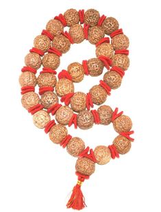 "Rare 8 Mukhi Ganesha Kantha Java Beads Strung In Traditional Style With Knots and Woolen Spacers Product Name : 8 Mukhi Rudraksha Kantha - Rare Collector Size - Java / Rare 8 Mukhi Ganesha Kantha Bead size : 29 mm - 33 mm Weight : 419 gms Length : 24 inches (Around the neck) // 48 inches (from ist bead till 33rd bead) Number of Beads : 32+1 Design : 33 beads of high quality 8 mukhi rudraksha of java strung in strong thread having traditional knots between beads with Woolen spacers . Origin : Ja Festive Red Mala For Puja, Traditional Hand-strung Mala For Festivals, Traditional Brown Mala For Rituals, Traditional Red Mala For Diwali, Traditional Red Mala For Festive Season, Traditional Red Mala For Festive Occasions, Red Traditional Mala For Festive Occasions, Red Festive Mala, Multicolor Mala For Puja And Festive Occasions