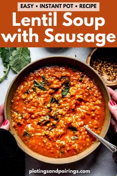 Instant Pot Lentil Soup with Sausage & Kale comes together quickly with the help of your electric pressure cooker. It's a hearty soup that's perfect for chilly days. // instant pot soup // pressure cooker soup // pressure cooker lentil soup