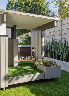 an outdoor living area with grass and plants