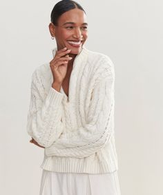 Cotton Cable Half Zip Ivory The fit and style of our iconic Cable Half Zip, now in luxuriously lightweight 100% cotton for any-season wear. England Outfits, Dresses Date Night, Jenni Kayne, Cardigan Sweater Coat, Half Zip Sweaters, Date Night Dresses, Half Zip Pullover, Zip Sweater, New Arrival Dress