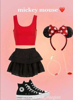 a minnie mouse outfit is shown with shoes and headbands on the pink background