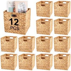 twelve wicker storage bins with lids and handles for magazines, magazines or newspapers