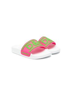 white/pink/green almond toe moulded footbed front strap with logo embossed detail branded insole rubber sole slip-on style This piece comes complete with a protective dust bag. Dolce And Gabbana Kids, Kids Logo, Girls Shoes, Pink And Green, Rubber Sole, Slides, Almond, Dust Bag, Dolce And Gabbana