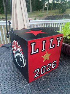 a black and red box sitting on top of a table next to a potted plant