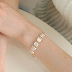 Mini Gold Bead and Square Baroque Pearl Bracelet - floysun Edison Pearls, Pearl Bracelets, Mini Gold, Tiger Eye Stone, Recycled Gold, Baroque Pearls, Gold Beads, Bosnia And Herzegovina, Pearl Bracelet