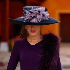 This black or pink hatinator is totally handmade by us. This ivory fascinator is decorated with feathers in purple color. This wedding guest hat could be customized to taste. Imagine wearing this saucer hat in weddings, special events and races! You will look amazing with this felt hat! DETAILS - The design can be totally customized to taste. We have various colors of sinamay silk  abaca fabric as well as a wide variety of natural preserved flowers, leaves and feathers. If you don't see your ide Fitted High Crown Fascinator For Church, Fitted Top Hat With Flat Brim For Evening, Wide Brim Fascinator For Church, Elegant Top Hat For Kentucky Derby Ceremony, Fitted Straw Hat For Royal Ascot Evening, Fitted Top Hat For Church And Royal Ascot, Elegant Wide Brim Hat For Ceremony, Fitted Straw Hat For Evening At Royal Ascot, Fitted High Crown Straw Hat For Party