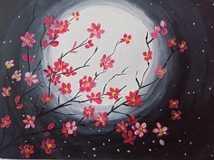 an acrylic painting of pink flowers on a black and white background with the moon in the distance