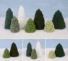 four different types of small trees in the snow, all made out of crocheted yarn