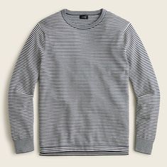 J.Crew Men Cotton split-hem sweater in stripe Color : Navy Stripe  Size : XL  Item #AY498  If you ask us, sweater season lasts all year. We knit this crewneck in a go-everywhere stripe, and give it a casual-yet-sporty vibe thanks to a tennis-inspired split hem. Cotton. Machine wash. Import. Spring Knit Sweater With Striped Hem, Striped Long Sleeve Ribbed Sweater, Winter Sweater With Striped Hem And Long Sleeves, Knit Sweater With Horizontal Stripes For Layering, Striped Sweater For Spring Layering, Casual Black Sweater With Striped Cuffs, Casual Tops With Striped Cuffs For Fall, Striped Crew Neck Sweater For Fall, Fall Striped Crew Neck Sweater