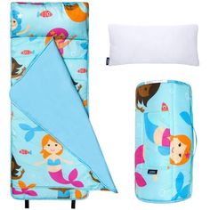 the little mermaid sleeping bag and pillow set is ready to be used as a bed