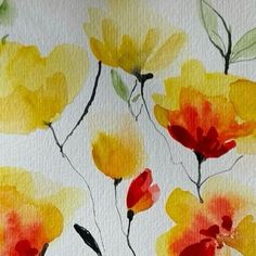 watercolor painting of yellow and red flowers