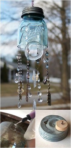 a mason jar wind chime hanging from a tree