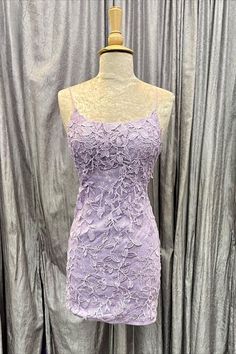 straps lavender lace tight mini dress for graduation, homecoming or birthday party! Fitted Mini Dress With Spaghetti Straps And Lace Back, Fitted Dresses With Delicate Lace For Evening, Prom Mini Lace Dress, Fitted Lace Mini Dress With Lace Closure, Elegant Mini Dress With Scalloped Lace And Spaghetti Straps, Fitted Lace Dress With Spaghetti Straps For Evening, Elegant Mini Dress With Lace Closure, Fitted Delicate Lace Dress For Night Out, Fitted Mini Dress With Lace Back For Prom