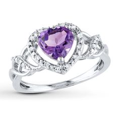 Diamonds trace a heart-shaped amethyst in brilliance at the center of this lovely ring for her. More diamonds adorn twists of sterling silver along the sides for a total diamond weight of 1/10 carat. Double Heart Ring, Crossover Ring, Amethyst And Diamond Ring, Diamond Heart Ring, Silver Heart Ring, Double Heart, Open Heart, Sterling Silver Heart, Amethyst Ring