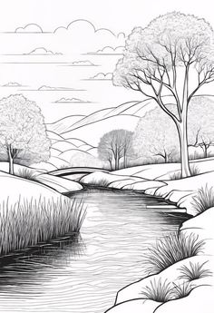 a black and white drawing of a river running through a field with trees in the background