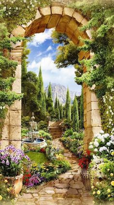 a painting of an outdoor garden with flowers and water fountain in the center, surrounded by greenery