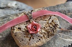 Pink Velvet Ribbon, Ribbon Rose, Velvet Collar, Flower Charm Necklace, Dainty Choker, Light Pink Rose, Flower Choker, Choker Pendant, Rose Pastel