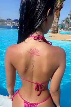 Lotus Flower Tattoo On Back Of Neck, Red Ink Rib Tattoo, Under Bootie Tattoo, Spine Tattoos For Women Flowers, Pelvic Bone Tattoo, Hibiscus Tattoo Design, Back Tats, Hibiscus Tattoo, Flower Tattoo Back