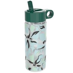 a water bottle with a green lid and flower design on it's side, in front of a white background