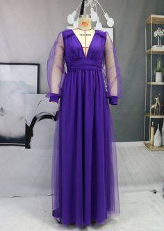 Features: Style: Elegant Material: Chiffon Occasion: Party Neckline: V Neckline Sleeves: Long Sleeves Pattern: Solid Type: Elegant Purple Long Party Dresses Season: Four Seasons Summer Long Sleeve Mesh Cocktail Dress, Purple Evening Dress For Summer Banquet, Summer Purple Evening Dress For Banquet, Purple Summer Evening Dress For Banquet, Purple Evening Dress For Summer Banquets, Purple Chiffon Party Dress, Purple Chiffon Dress For Party, Purple Chiffon Dress For Banquets, Purple V-neck Evening Dress For Party