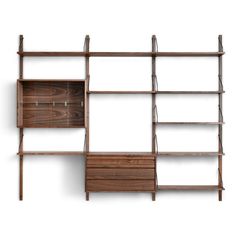 a wooden shelf with drawers and shelves on it