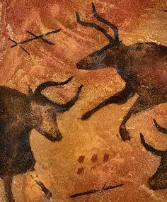 Bull images from the Lascaux Cave of France, painted nearly 20,000 years ago. The bulls, symbols, and other markings all are derived from images within the cave.  My cave-inspired paintings are based on prehistoric images found in caves in France and Spain, many dating back 37,000 years. I've studied these remarkable and mysterious images for years, fascinated by the way shaman artists captured the spirit of Paleolithic beasts who shared their world. My artwork features unique backgrounds of tex Stone Age Cave Paintings, Lascaux Cave Paintings, Prehistoric Painting, Prehistoric Cave Paintings, Paleolithic Art, Paleolithic Era, Album Cover Wallpaper Collage, Navajo Art, Cave Drawings