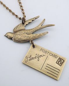 Vintage Necklace - Love Letter Necklace - Bird Necklace - Vintage Brass Necklace - handmade jewelry Handmade Bird-shaped Jewelry For Gifts, Handmade Bird-shaped Jewelry Gift, Handmade Bird-shaped Necklace For Gift, Emerald Green Earrings, Sweet Necklace, Vintage Jewelry Art, Bainbridge Island, Insect Jewelry, Necklace Love