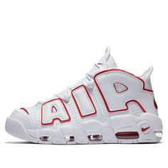 The Nike Air More Uptempo 'White Varsity Red' 2021 is a stylish sneaker with a classic silhouette. It features a white base with red outlining the iconic AIR lettering, creating a simple yet eye-catching look. This colorway is inspired by the Chicago Bulls, making it a great choice for fans of the team. The rubber sole provides superior traction and durability, making it perfect for any activity. Whether you're running, playing basketball, or just looking for a stylish sneaker, the Nike Air More Uptempo 'White Varsity Red' 2021 is the perfect choice. (SNKR/Gift Recommend) Air Uptempo Nike, Nike Air More Uptempo Outfit, Nike Air Uptempo Shoes, Nike Air More Uptempo Red, Nike Uptempo Sneakers, Air More Uptempo Nike, Sneaker Concept, Tenis Air, Nike X Off White