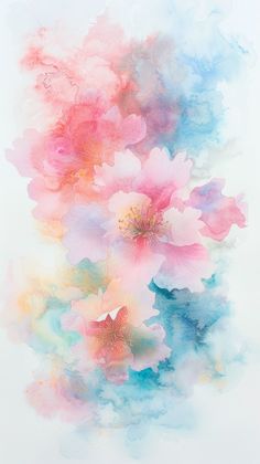 an abstract painting with pink, blue and white flowers in the center on a white background