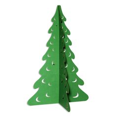 a green cardboard christmas tree cut out on a white background