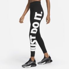 Nwot Women's Nike Sportswear Essential High-Waisted Leggings Blk (Cz8534-010) Xs Nike Activewear With Letter Print For Streetwear, Nike Bottoms Medium Support For Sports, Nike Compression Gym Bottoms, White Sports Bottoms With Logo Print, Athleisure Bottoms With Logo Waistband For Jogging, Functional Jogging Leggings, Functional Leggings For Jogging, Nike Fitted Functional Bottoms, Nike Bottoms With Letter Print For Streetwear