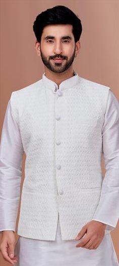 White and Off White color Nehru Jacket in Georgette fabric with Embroidered work Luxury White Nehru Jacket For Workwear, Formal Embroidered Cotton Nehru Jacket, Embroidered Cotton Nehru Jacket For Formal Occasions, White Cotton Nehru Jacket For Festive Occasions, Elegant White Cotton Nehru Jacket, Festive White Cotton Nehru Jacket, White Traditional Bandhgala For Spring, White Fitted Nehru Jacket For Spring, White Bandhgala With Chikankari Embroidery For Spring