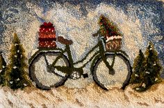 a painting of a bicycle with a christmas tree on the back