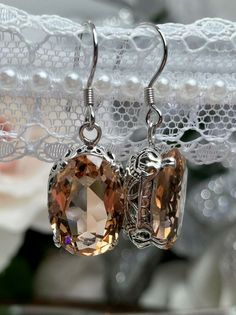 Peach Topaz Sim Gem Sterling Silver Edwardian Filigree Earrings (Custom-Made)E70 #SilverEmbraceJewelry Silver Topaz Dangle Earrings, Silver Teardrop Topaz Earrings, Silver Topaz Teardrop Earrings, Topaz Earrings For Pierced Ears, Elegant Handmade Crystal Earrings For Formal Events, Round Topaz Earrings For Gift, Formal Topaz Earrings For Pierced Ears, Topaz Earrings As A Gift, Ornate Oval Earrings For Gift