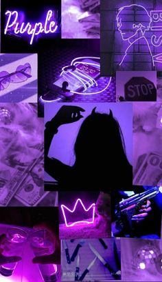 a collage of photos with neon lights and images in the background that appear to be purple