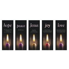 three candles with the words hope, jesus, joy and love