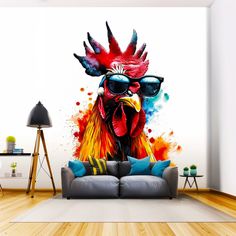 a living room with a couch and wall mural depicting a rooster wearing sunglasses on it's head