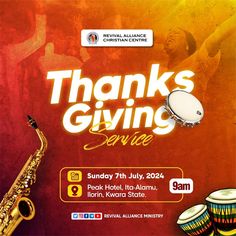 a poster for a music festival with musical instruments and words that say thanks giving service