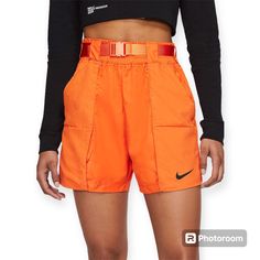 Whether For Gym Or Casual Wear, The Women's Sportswear Swoosh Woven Shorts Will Be The Perfect Fit! Polyester/Nylon Elastic Waistband Two Side Pockets Rise 12.5” Inseam 3” Spring Training Athleisure Bottoms, Spring Athleisure Training Bottoms, Trendy Moisture-wicking Sports Bottoms, Sporty Bermuda Shorts For Sports, Nike Sporty Nylon Shorts, Orange Activewear Shorts For Sports, Spring Orange Activewear For Sports, Orange Short Length Activewear For Sports, Nike Sporty Gym Shorts