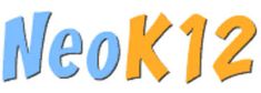 the words neo k 12 written in blue and yellow letters on a white background