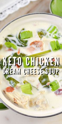 keto chicken cream cheese soup in a white bowl with green onions and celery