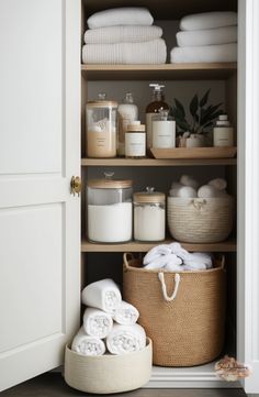 an organized bathroom closet with towels, soaps and other items in baskets on the shelves