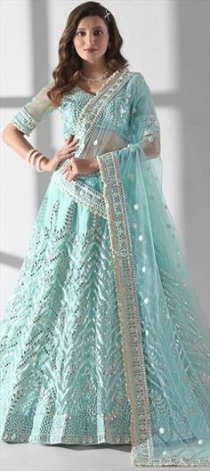 Blue color Lehenga in Net fabric with Gota Patti, Sequence work Light Blue Mirror Work Dupatta For Wedding, Light Blue Wedding Dupatta With Mirror Work, Light Blue Wedding Traditional Wear With Zari Work, Blue Traditional Wear With Mirror Work For Wedding, Festive Light Blue Wedding Dupatta, Festive Light Blue Wedding Choli, Light Blue Zari Work Dupatta For Reception, Light Blue Lehenga With Pallu For Reception, Light Blue Traditional Wear With Dupatta For Reception