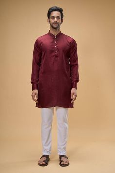 Maroon sleeveless bundi crafted in dupion silk with sequin-thread bloom quad embroidery. Paired with a solid maroon kurta and a white pant. - Aza Fashions Fitted Slub Silk Kurta For Eid, Festive Semi-formal Cotton Traditional Wear, Elegant Cotton Silk Nehru Jacket For Festivals, Festive Sleeveless Silk Kurta, Eid Cotton Silk Nehru Jacket Straight Kurta, Cotton Silk Nehru Jacket For Eid, Fitted Tussar Silk Straight Kurta, Diwali Fitted Cotton Silk Kurta, Bollywood Style Festive Kurta For Semi-formal Occasions